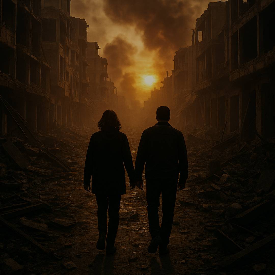Shira e Sami no meio da destruição