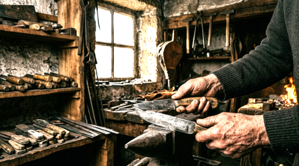 Um artesão moldando uma lâmina com precisão em sua oficina rústica.