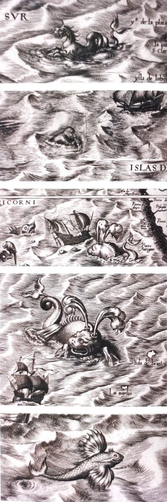 Ilustração antiga de mapas com monstros marinhos lendários, serpentes, peixes voadores e caravelas a enfrentar o oceano desconhecido.